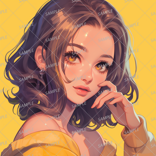 AA-1131: Icon of a brown-haired woman with distinctive curls wearing an off-shoulder yellow top.