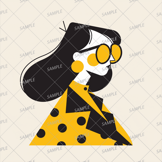 AA-1135: Illustration of a modern woman wearing yellow sunglasses drawn with simple lines and colors