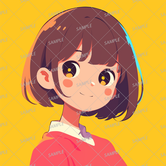 AA-1146: A brown bob-cut girl icon with a smile and bright colors