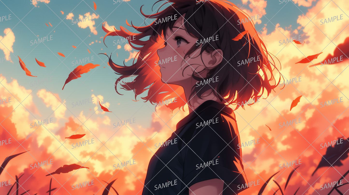 AA-1158: A girl and an orange sky colored by leaves dancing in the wind and autumn twilight