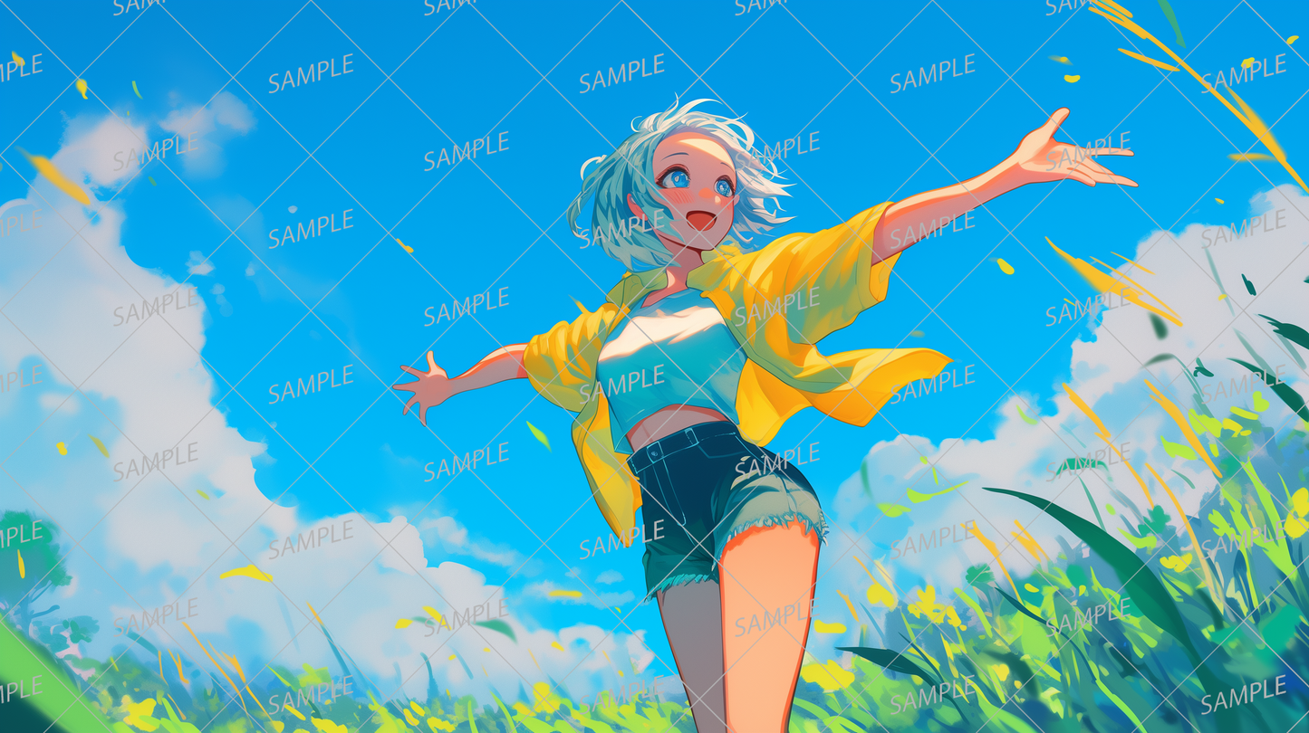 AA-1161: A woman smiling and spreading her arms in a sunny meadow