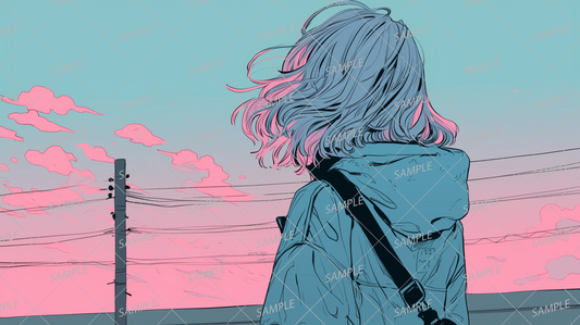 AA-1163: Back view of a woman with wind-blown hair gazing at the blue and pink sky