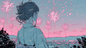 AA-1190: The back of a woman in a yukata gazing at pink fireworks in the distance