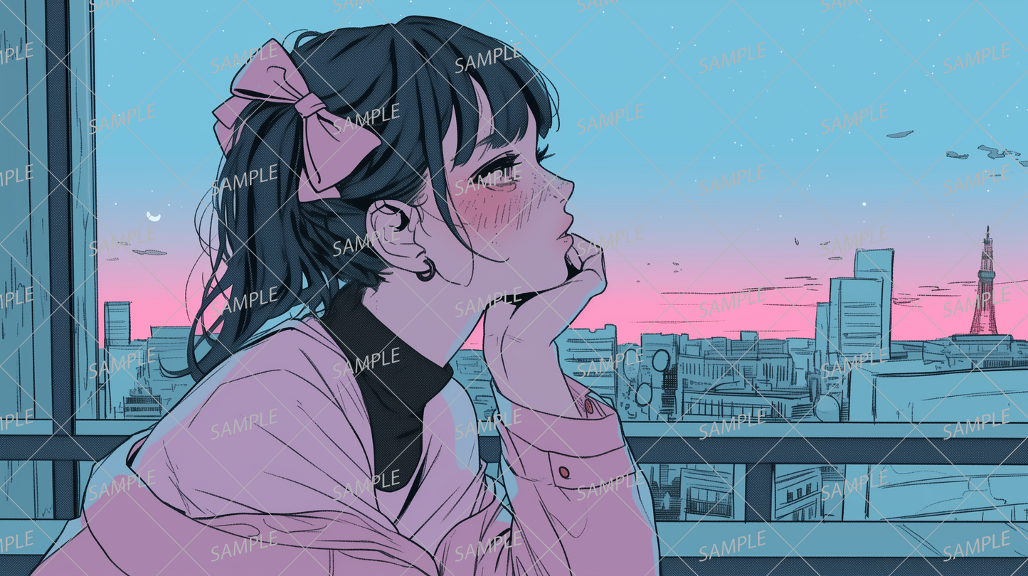 AA-1194: A girl gazing into the distance with a cherry-colored sky and a city sunset in the background