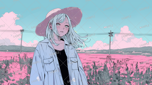 AA-1196: Summer with pink flower fields and distant mountains and a girl in a straw hat