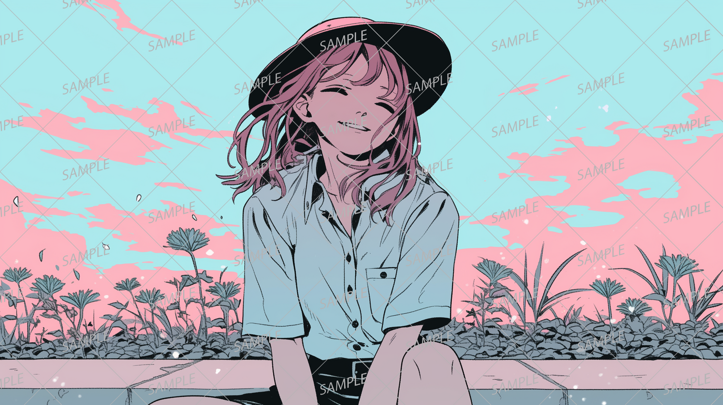 AA-1198: A cheerful smiling girl wearing a hat and vibrant flowers