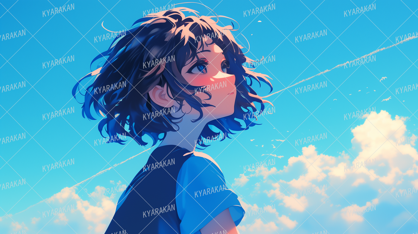 AA-1202: Profile of a young woman gazing into the distance with blue sky and contrails in the background