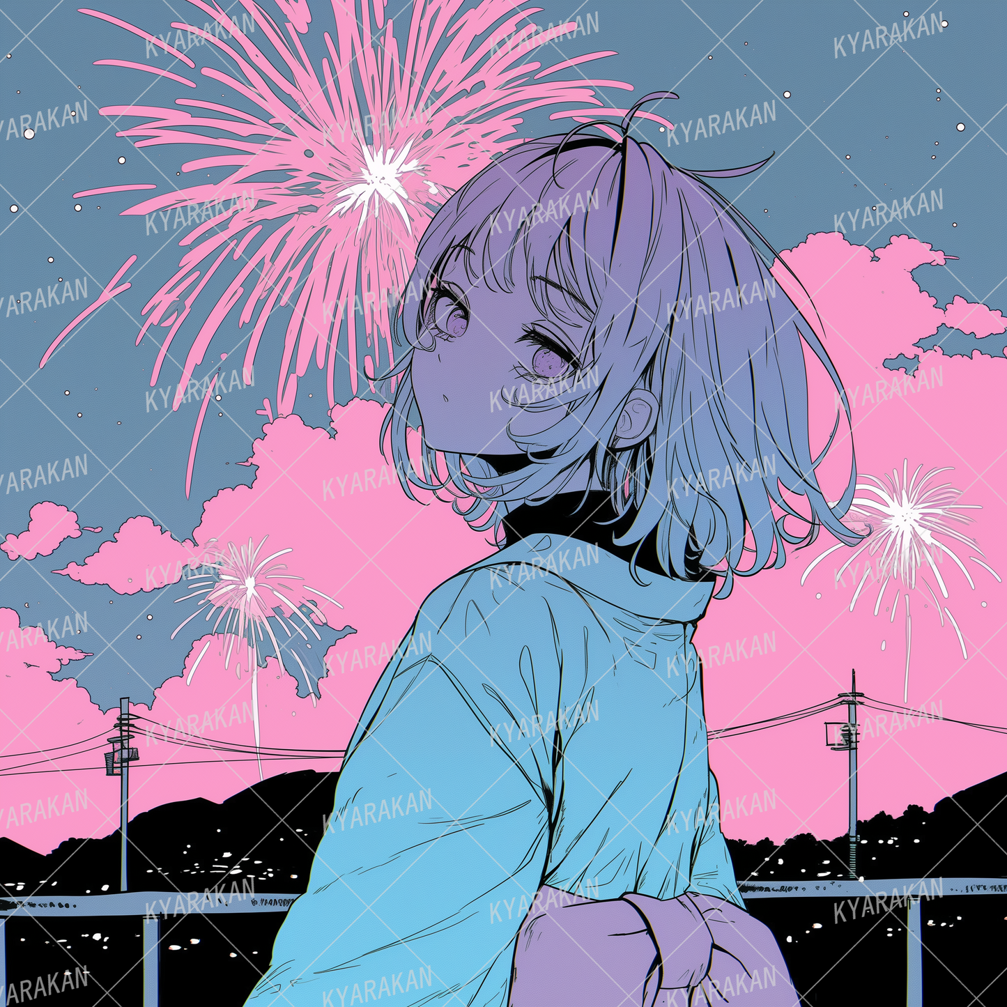 AA-1203: Fireworks in the summer night sky and the back of a girl in a yukata