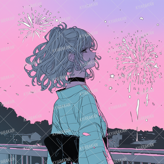 AA-1204: Beautiful fireworks against the gradient sky and a profile of a girl in a yukata