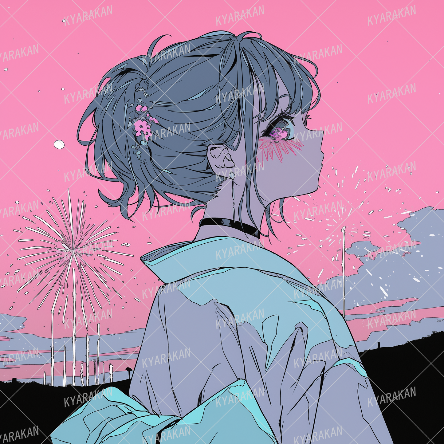 AA-1205: A profile of a girl in a yukata and fireworks shining in a pink sky