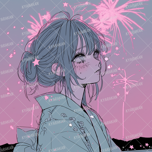 AA-1206: Fireworks blooming in the fleeting night and a sad girl wearing a yukata