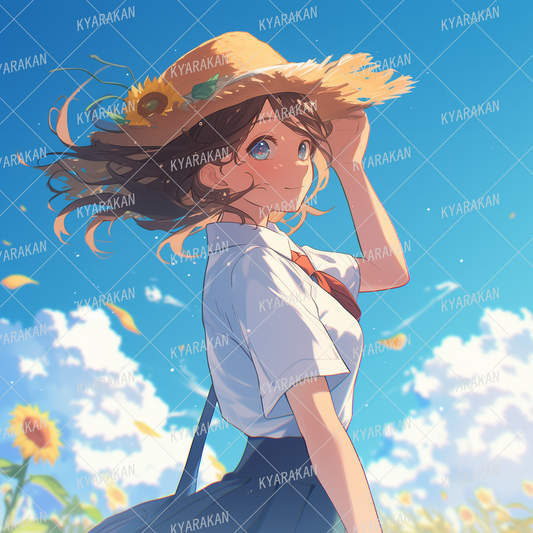 AA-1207: A girl in a uniform and straw hat standing in a sunflower field