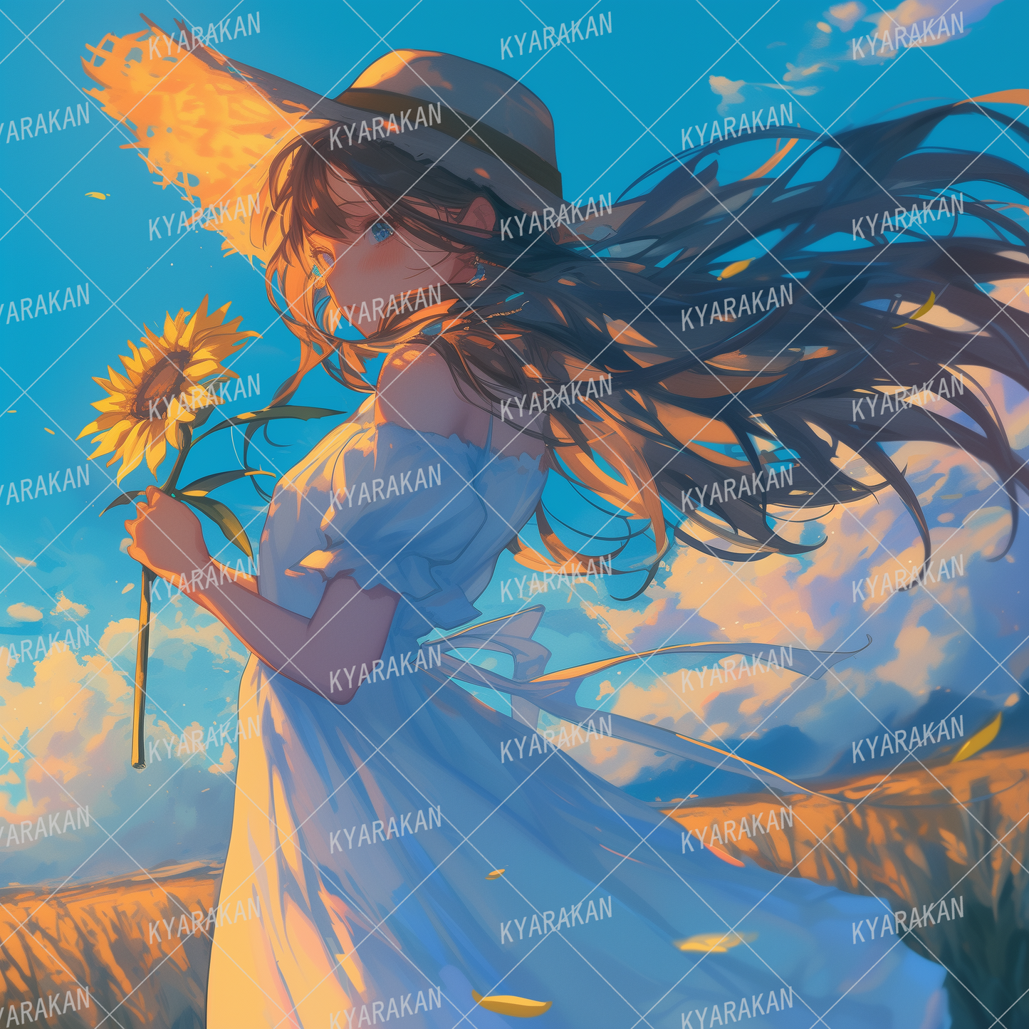 AA-1208: Sunflowers shining in the summer sunshine and a girl in a straw hat with her hair blowing in the wind