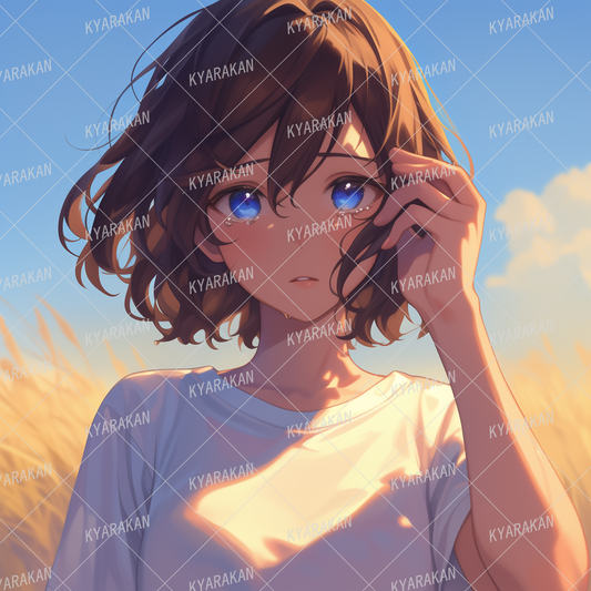 AA-1209: A girl with tears in her eyes among ears of rice swaying in the wind