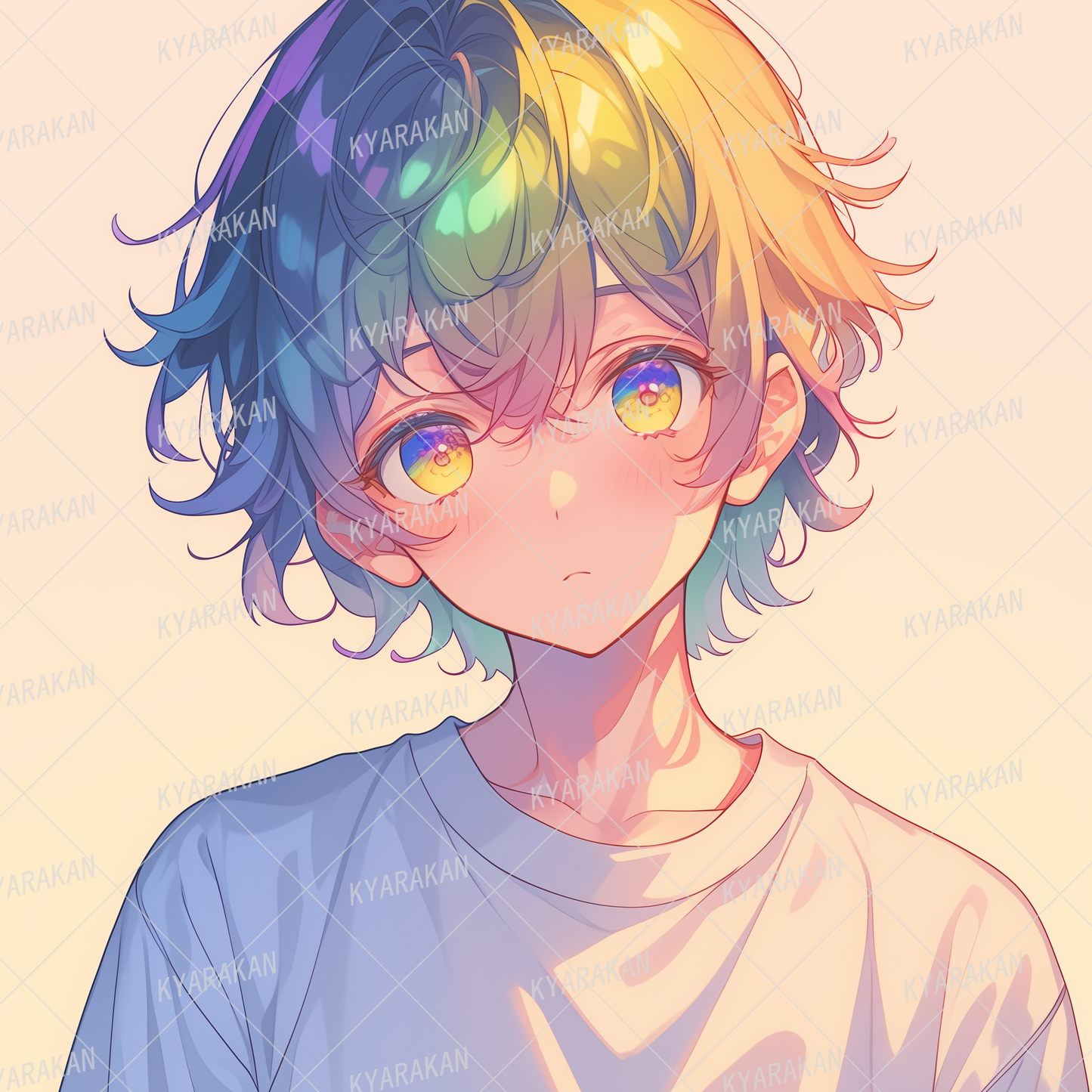 AA-1214: A quiet boy with a blank look, rainbow hair and sparkling eyes