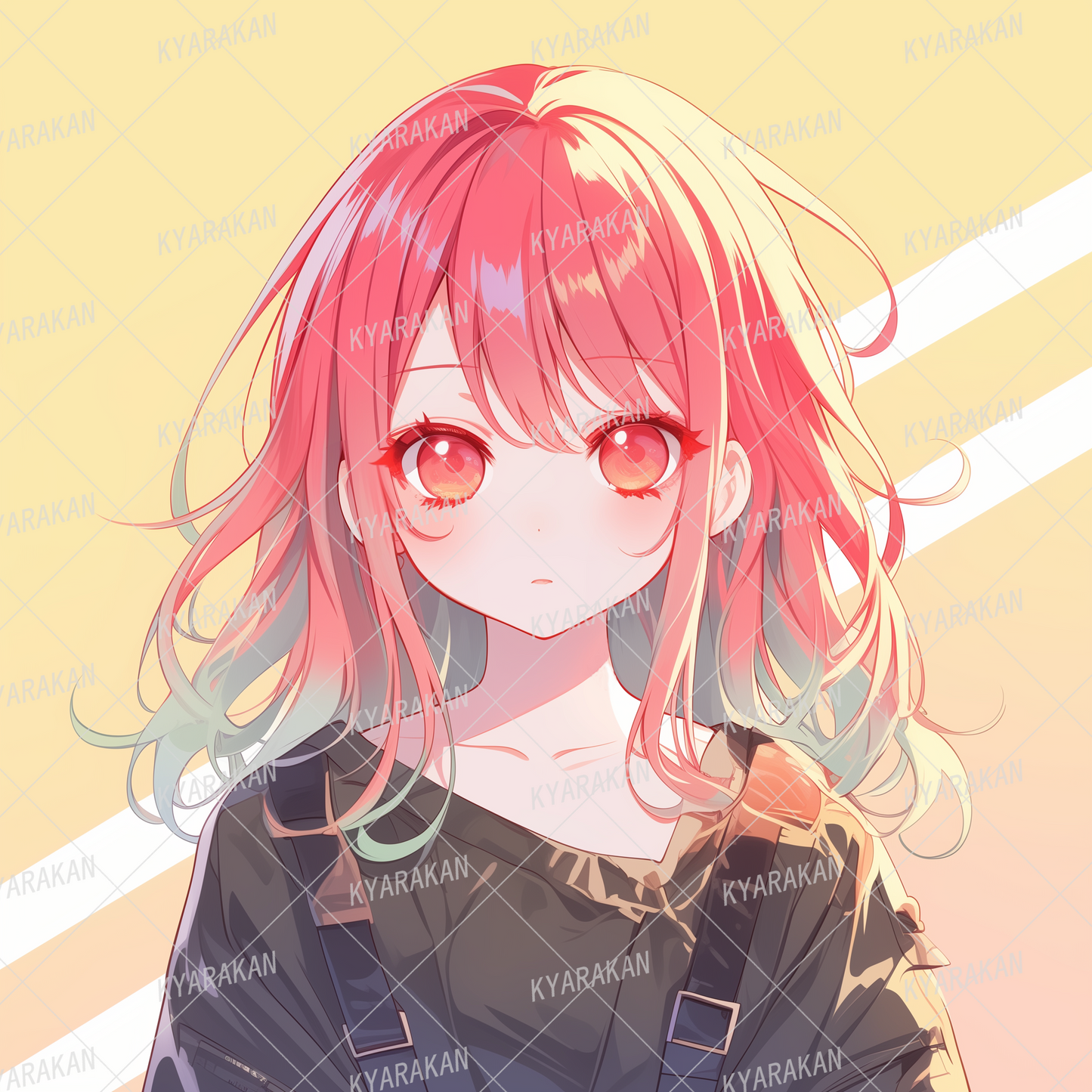 AA-1219: A girl with pop-colored gradient hair wearing overalls