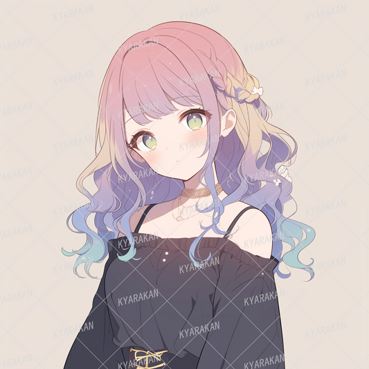 AA-1233: A girl with a calm expression and elegant black off-shoulder pastel hair