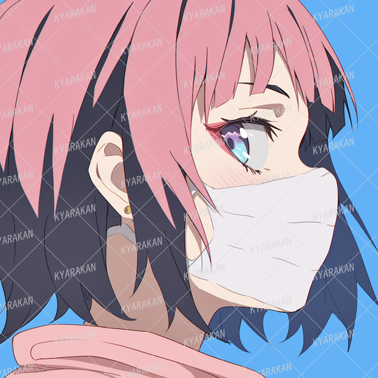 AA-1238: A girl with short pink hair and a mask with striking light blue eyes