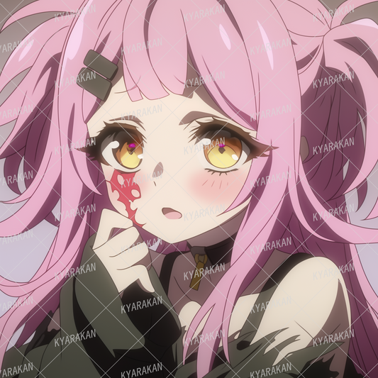 AA-1242: A girl with pink twintails and face paint with a shy expression on her face.