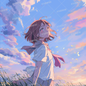 AA-1278: A girl in uniform turns around under the setting sun with ribbons swaying in the wind and grass 2