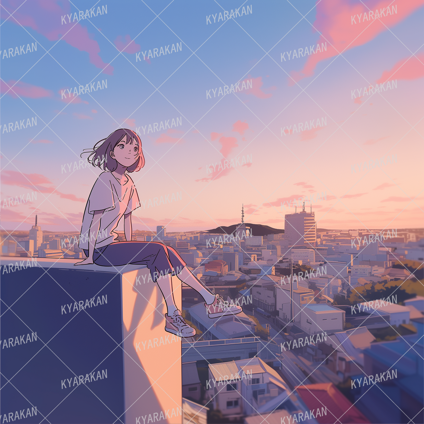 AA-1281: A girl sitting on a rooftop overlooking the city at sunset