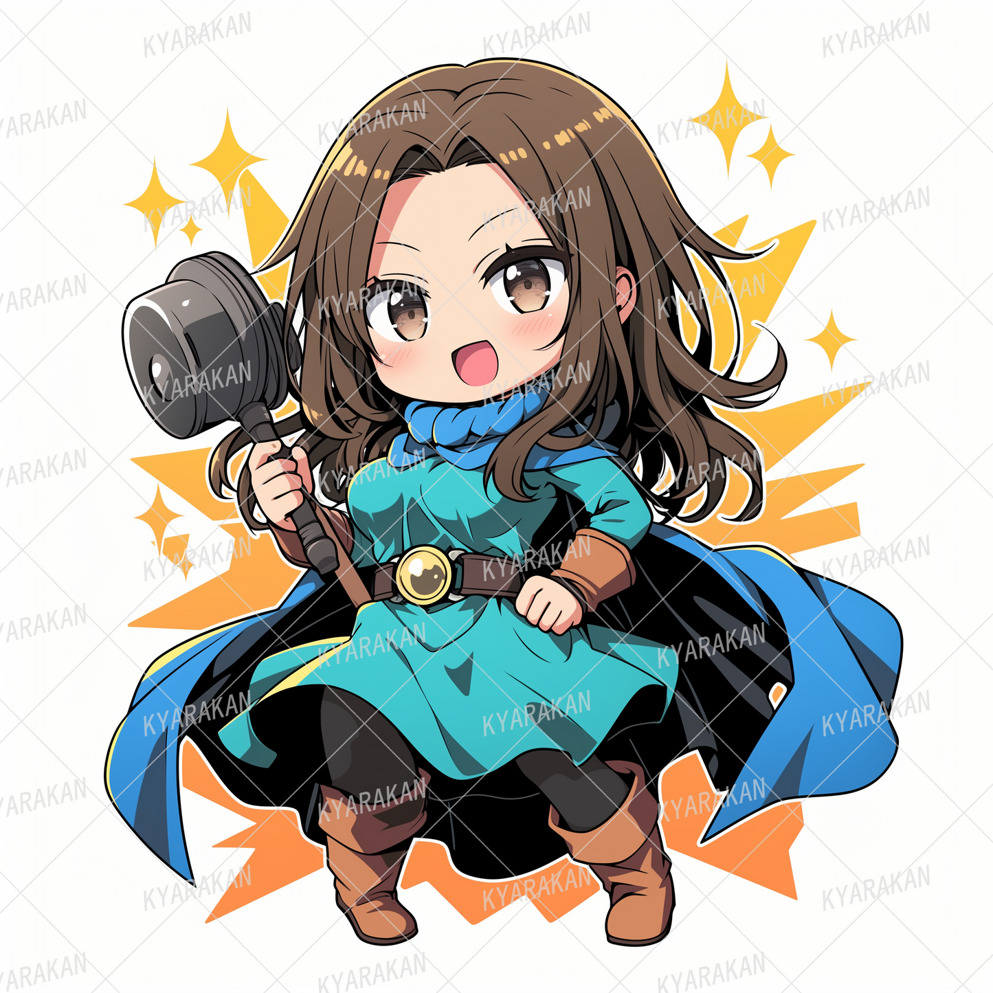 AA-1295: A female warrior with brown hair and a bright smile, holding a hammer in one hand