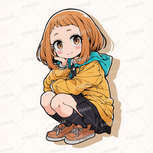 AA-1299: A girl with bob hair wearing a yellow jacket squatting with one hand on her chin