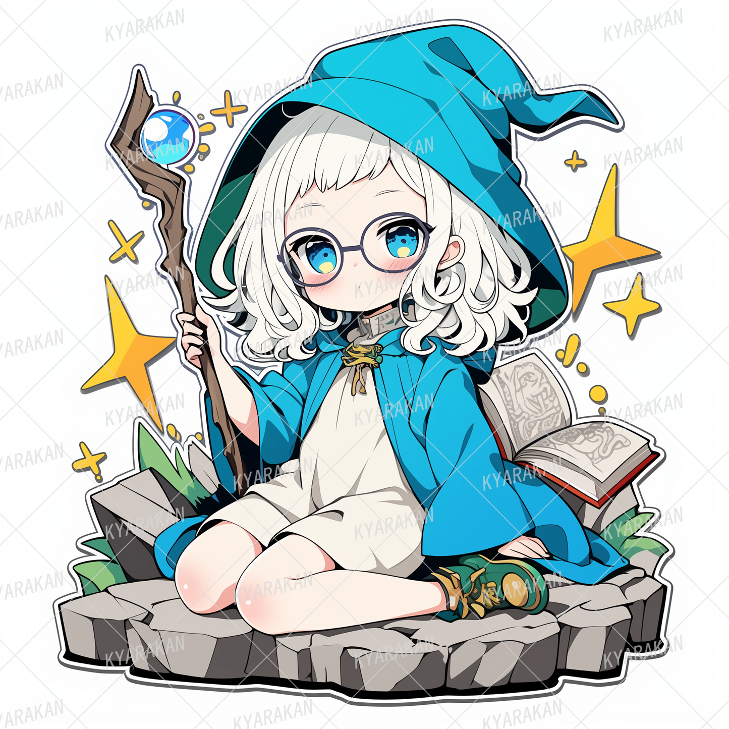 AA-1301: A white-haired girl with glasses wearing a blue robe sitting on cobblestones