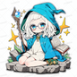 AA-1301: A white-haired girl with glasses wearing a blue robe sitting on cobblestones