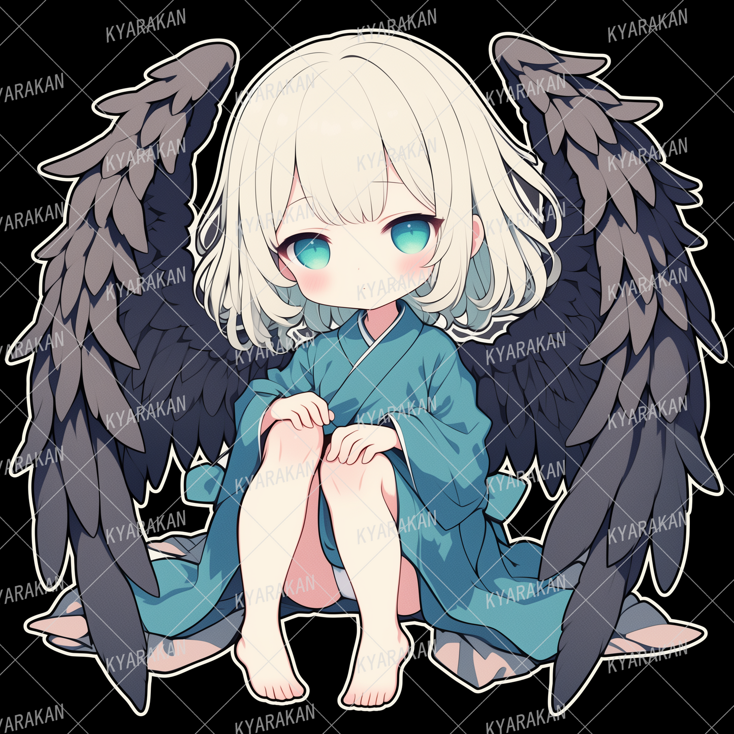 AA-1329: A modestly seated girl in a light blue kimono with black wings