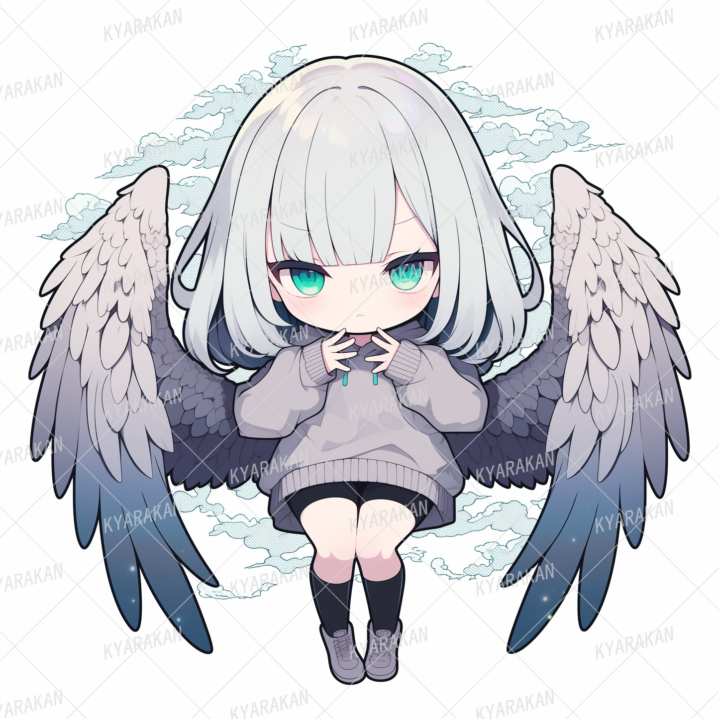 AA-1330: A silver-haired, black-winged angel girl wearing a grey hoodie