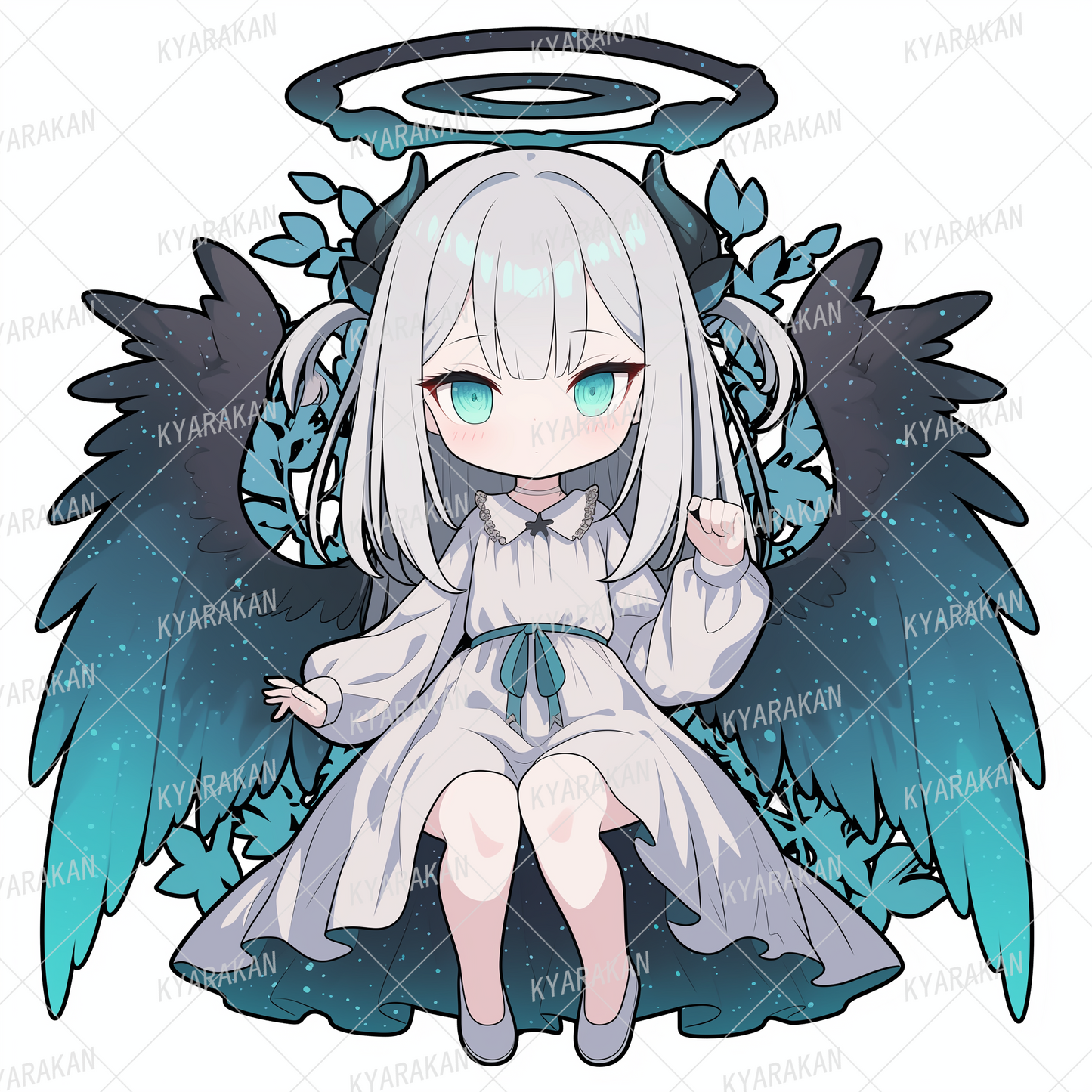 AA-1331: A silver-haired angel in a neat dress with light blue and black wings that shine like the starry sky