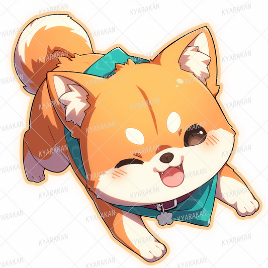 AA-1332: A bright orange Shiba Inu running energetically with one eye closed