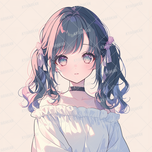 AA-1369: A neat and tidy girl with black hair and twin tails in a white off-shoulder top