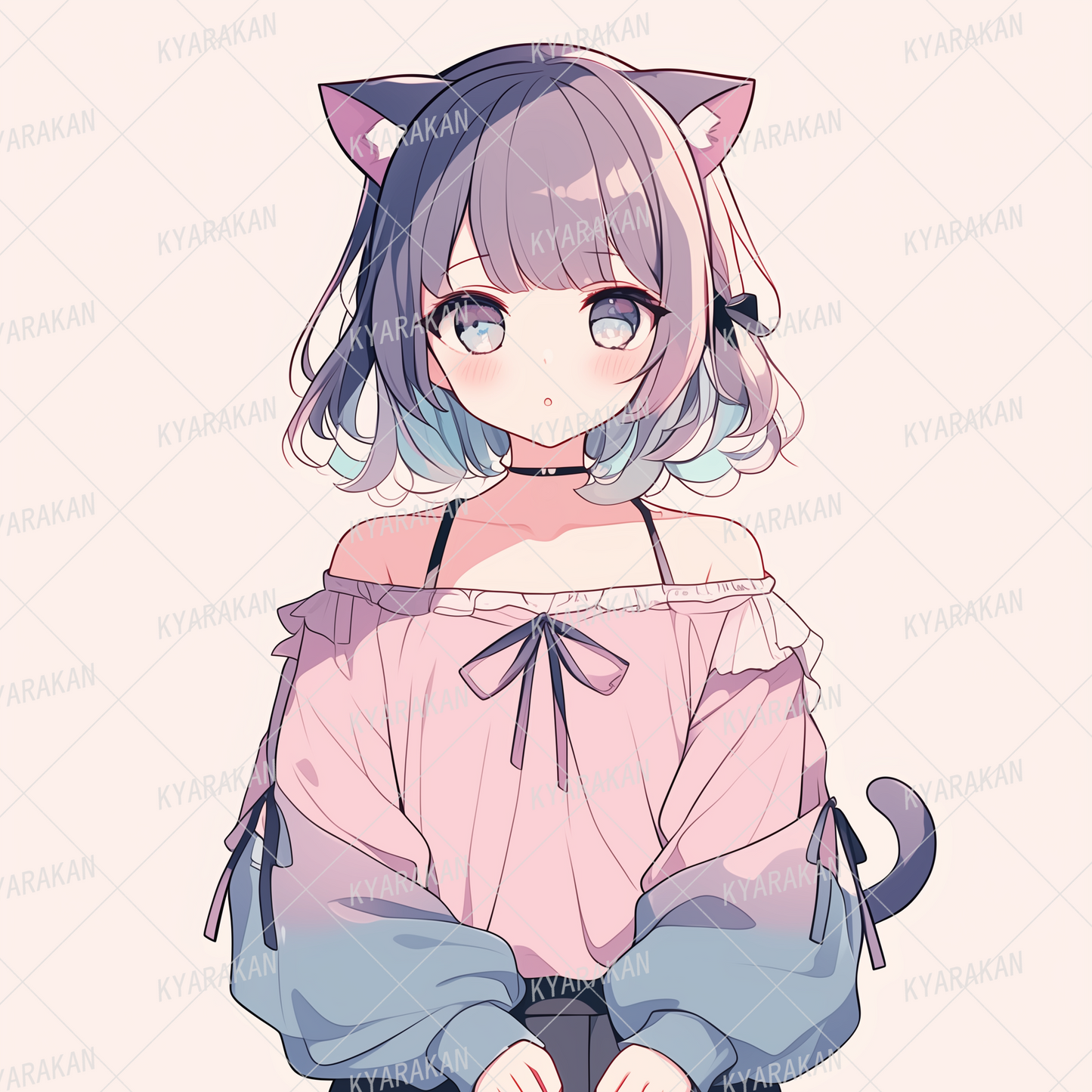 AA-1373: Pink off-shoulder girl with cat ears and a tail