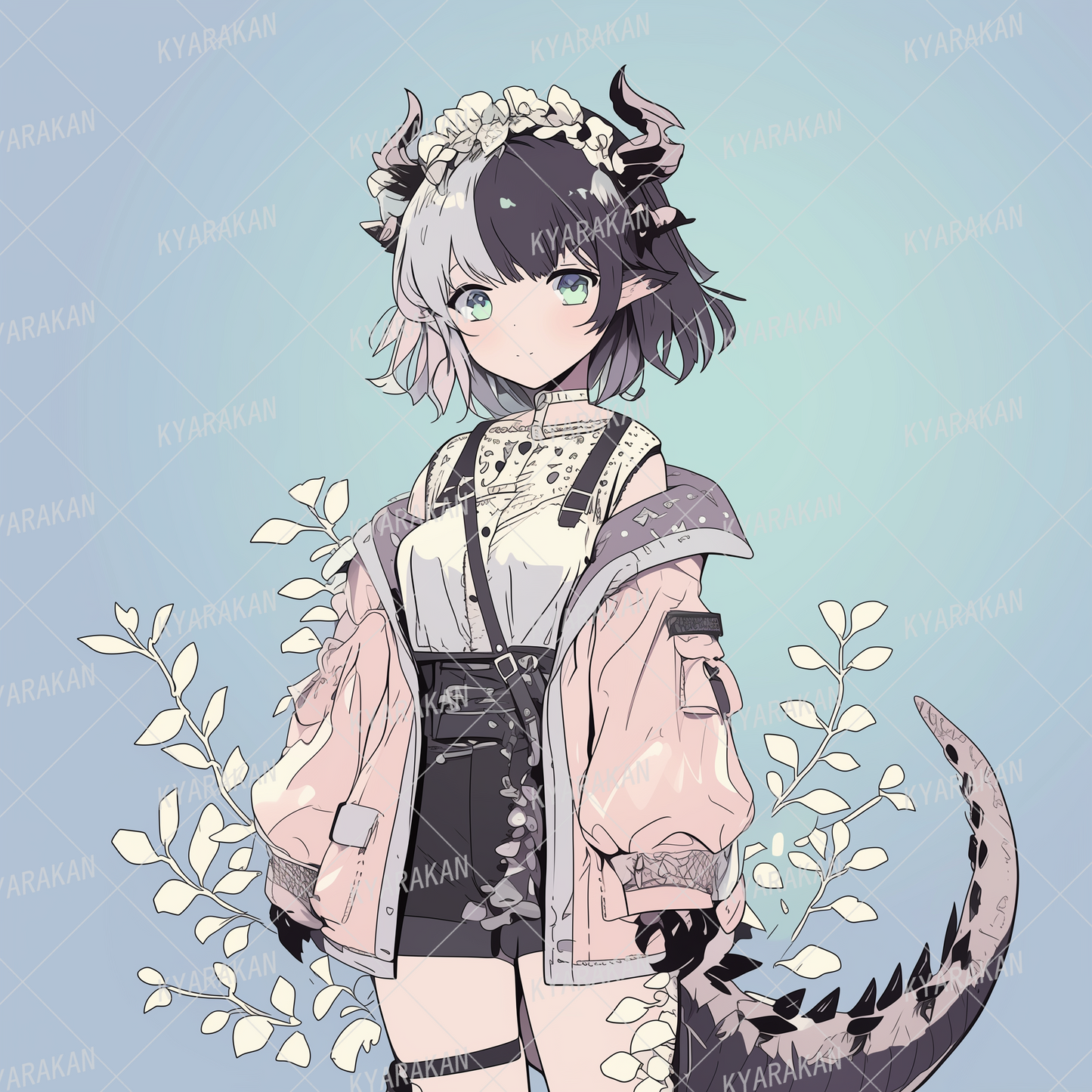 AA-1378: A girl with two-tone black and white hair, a flower crown, black horns and a tail.