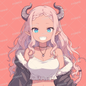 AA-1385: A bright smiling girl with pink hair, cute braided horns, and elf ears.