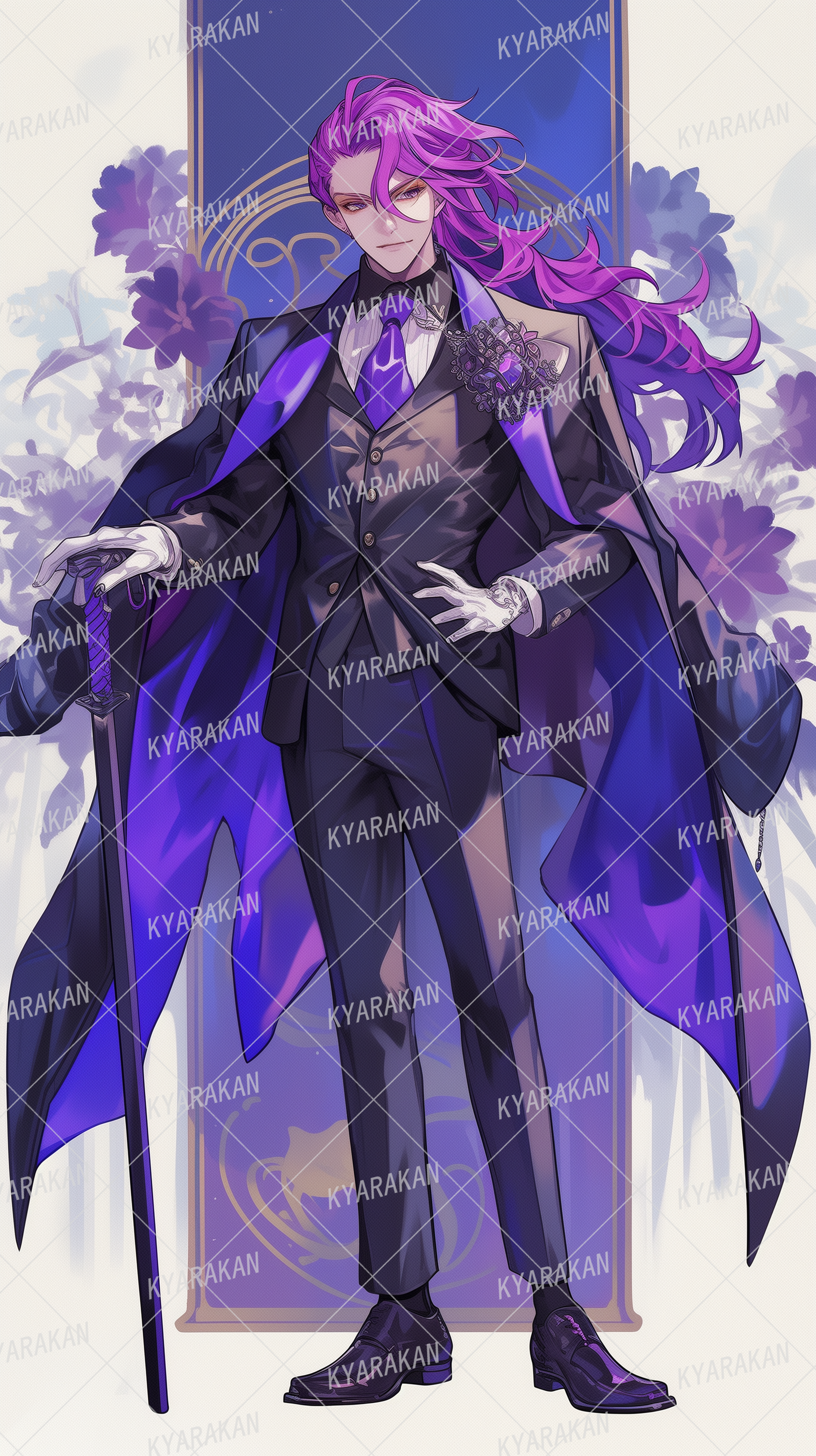 AA-1388: Mysterious purple long-haired man holding a noble sword