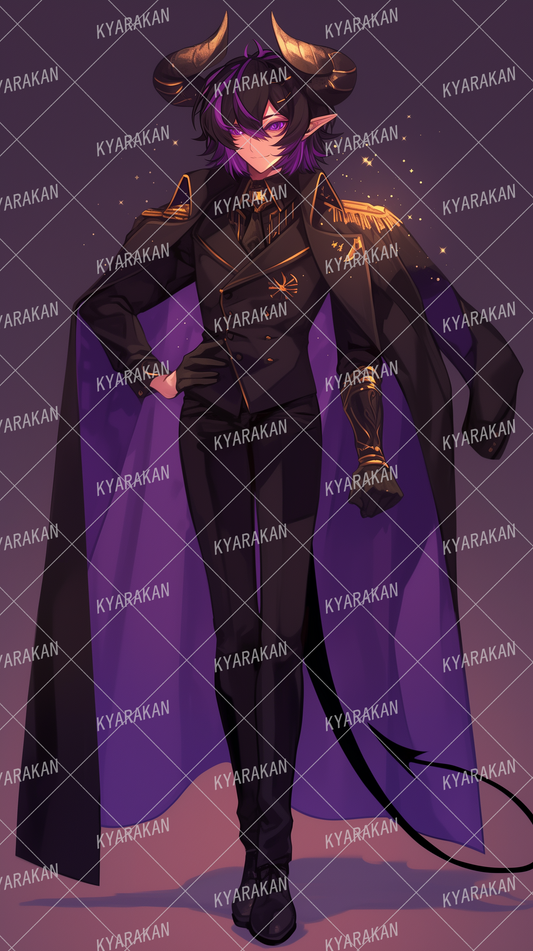 AA-1389: Noble male demon in military uniform with purple cloak and large black horns