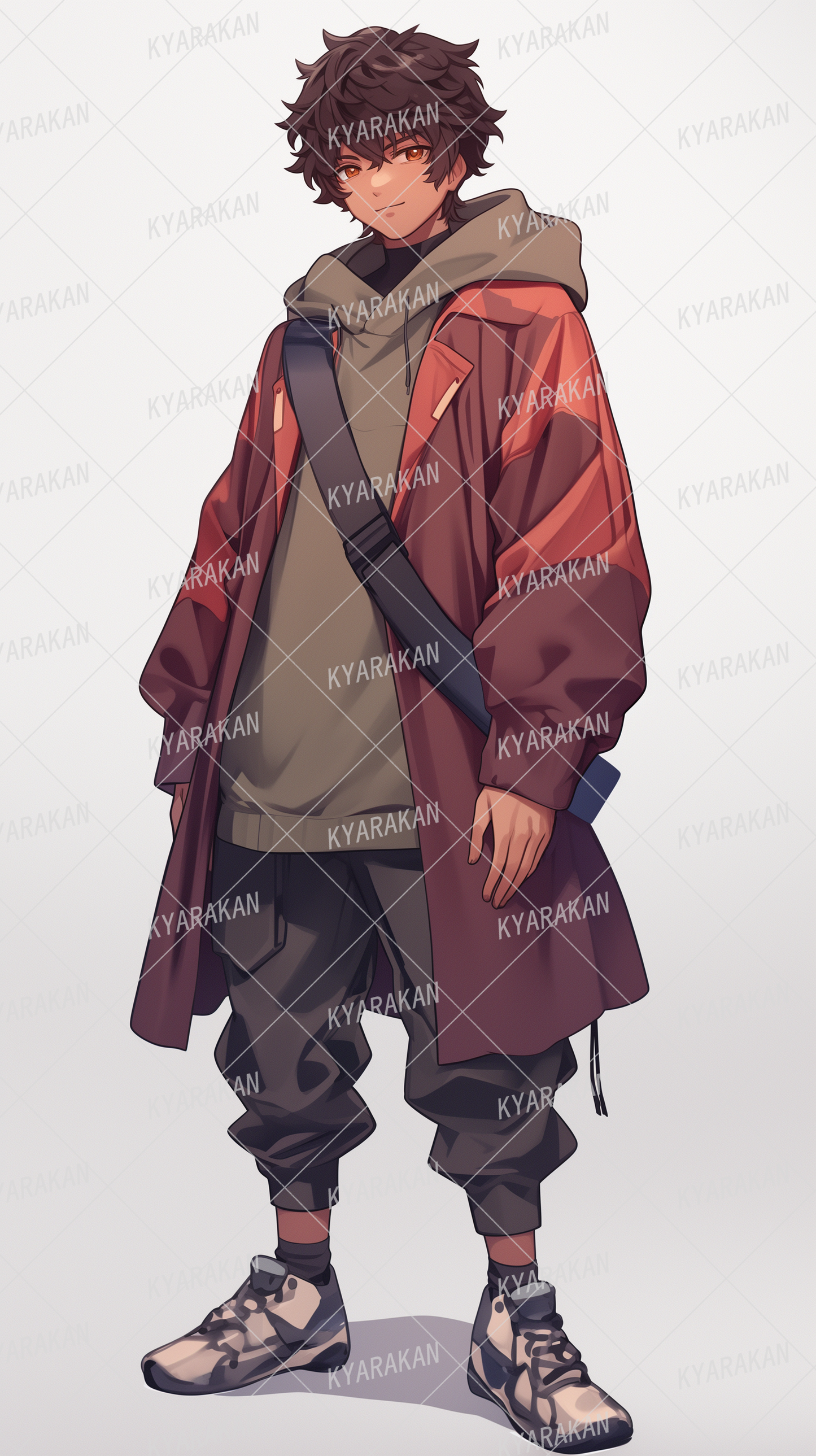 AA-1396: Casual black-haired boy wearing a reddish-brown long coat