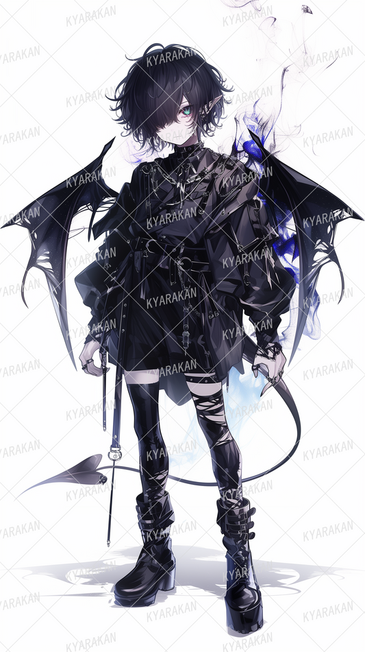 AA-1397: A boy with devil wings and one eye hidden, dressed in gothic style