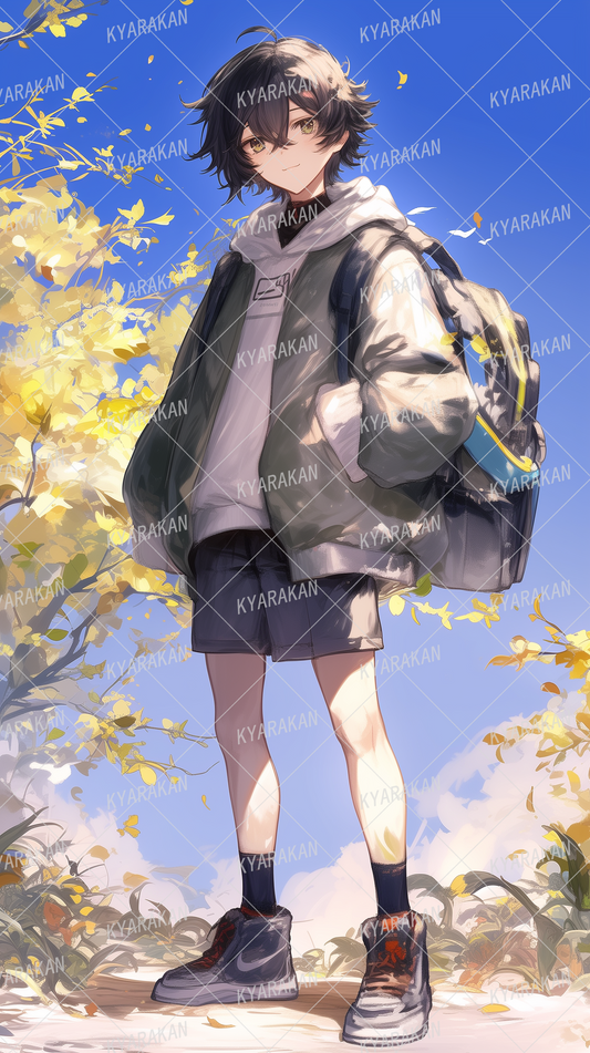 AA-1398: Outdoorsy boy in khaki jacket with autumn nature background