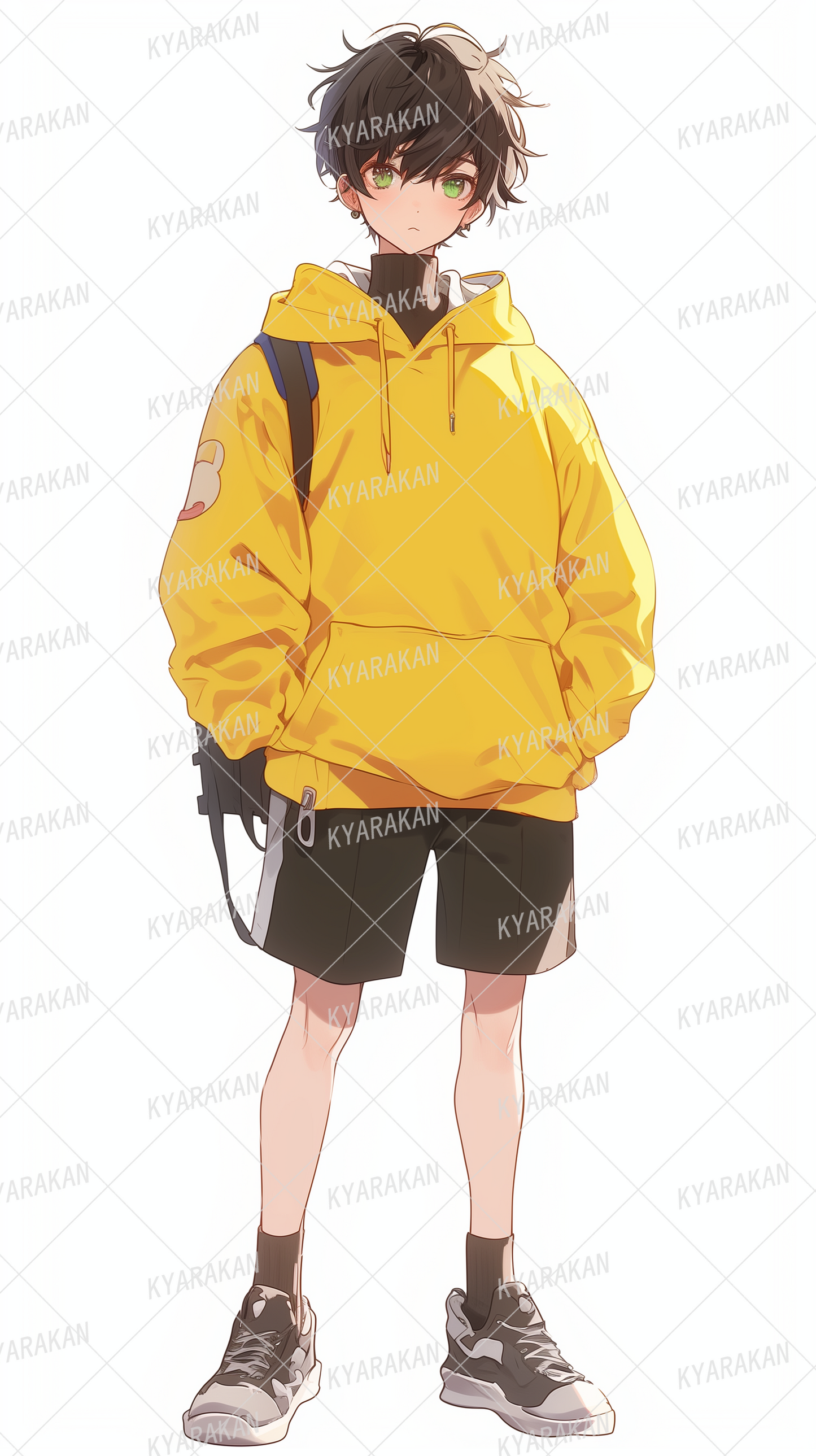 AA-1399: A boy wearing a bright yellow hoodie and black shorts