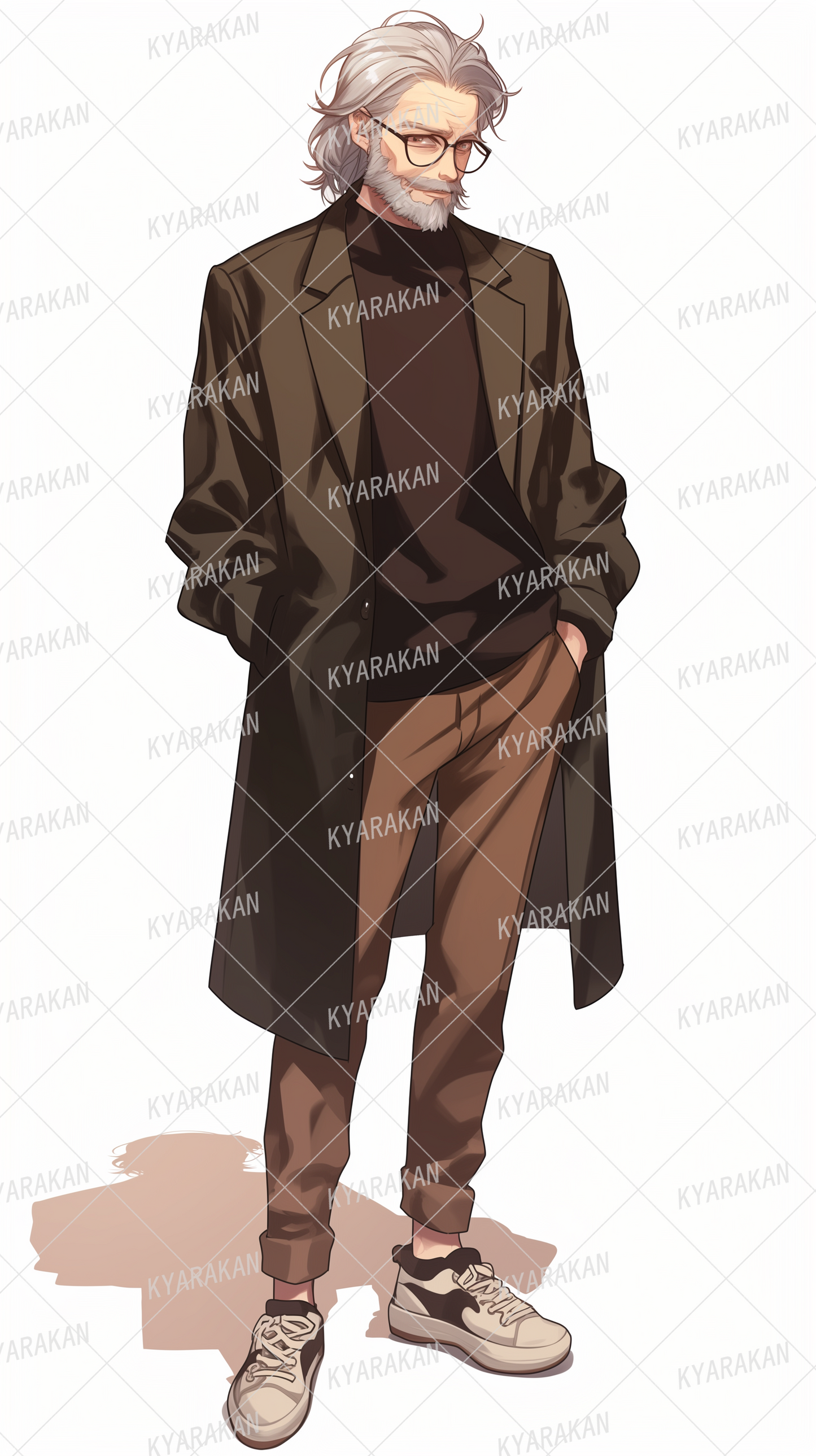 AA-1413: An elderly gentleman wearing a long coat and brown chinos for autumn and winter