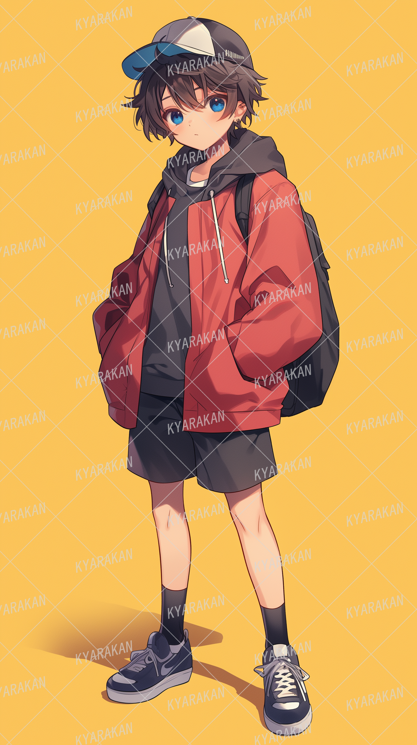 AA-1418: A boy with a simple style in a red hoodie and cap