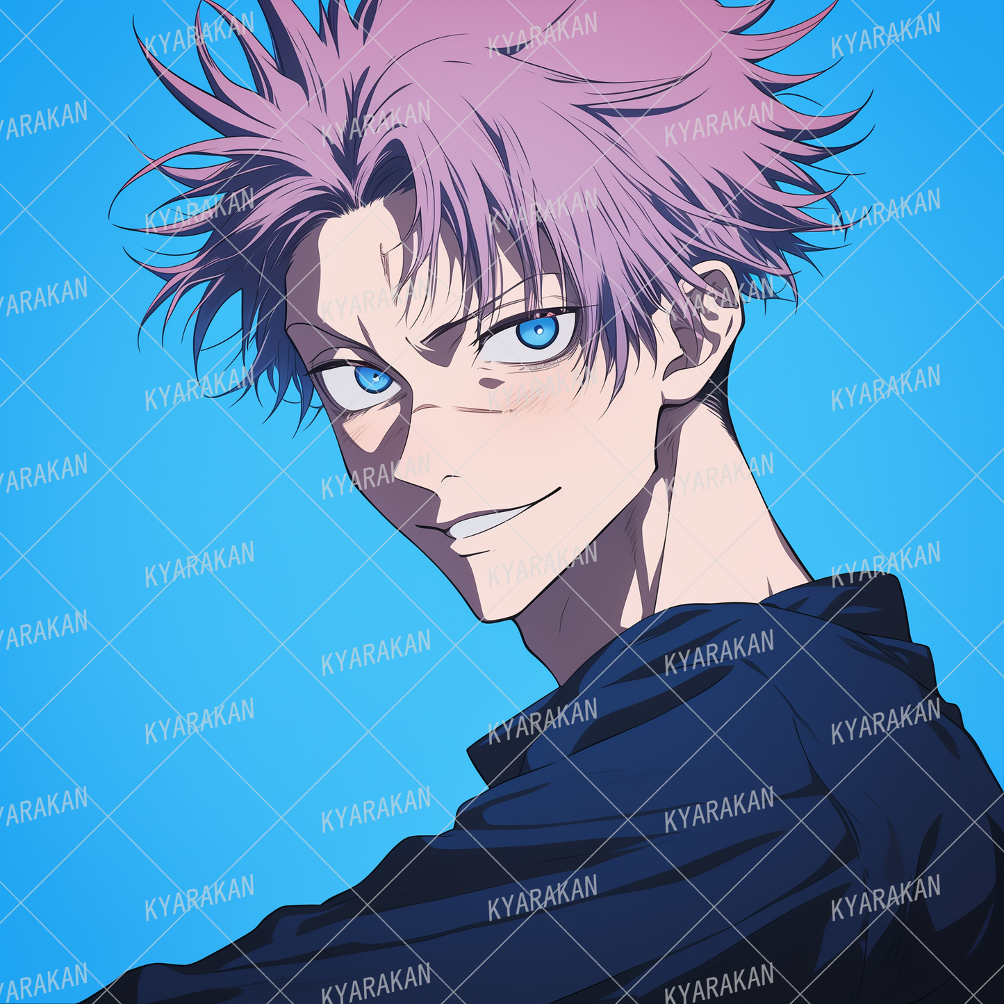 AA-1443: A boy with purple hair and blue eyes with a defiant look