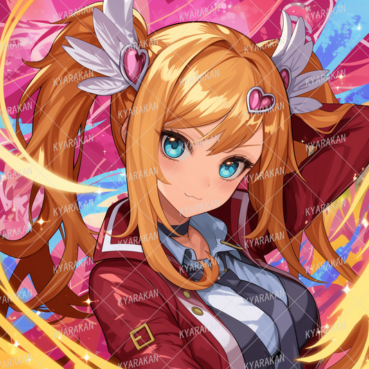 AA-1446: A girl with blonde twin tails wearing a red jacket and a feather motif