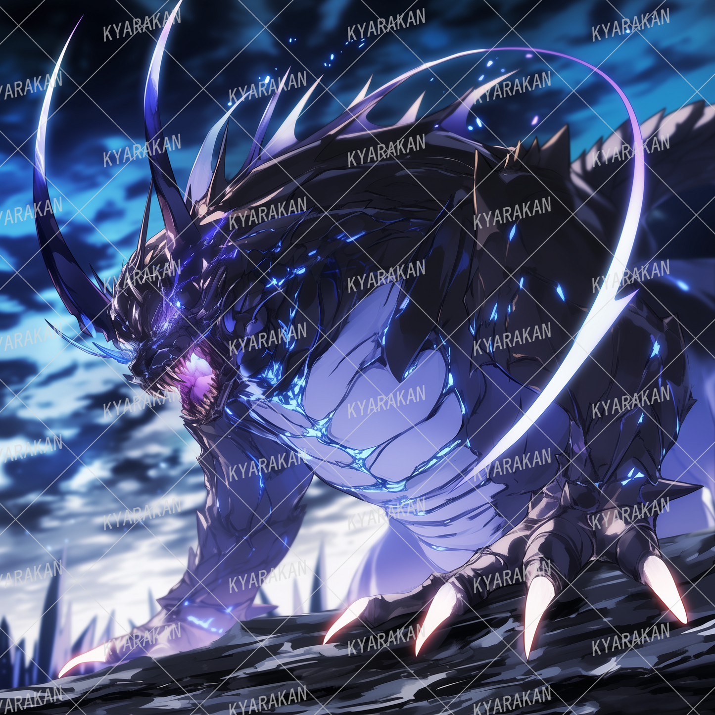 AA-1457: A black dragon with sharp fangs and claws, storing blue energy in its mouth.