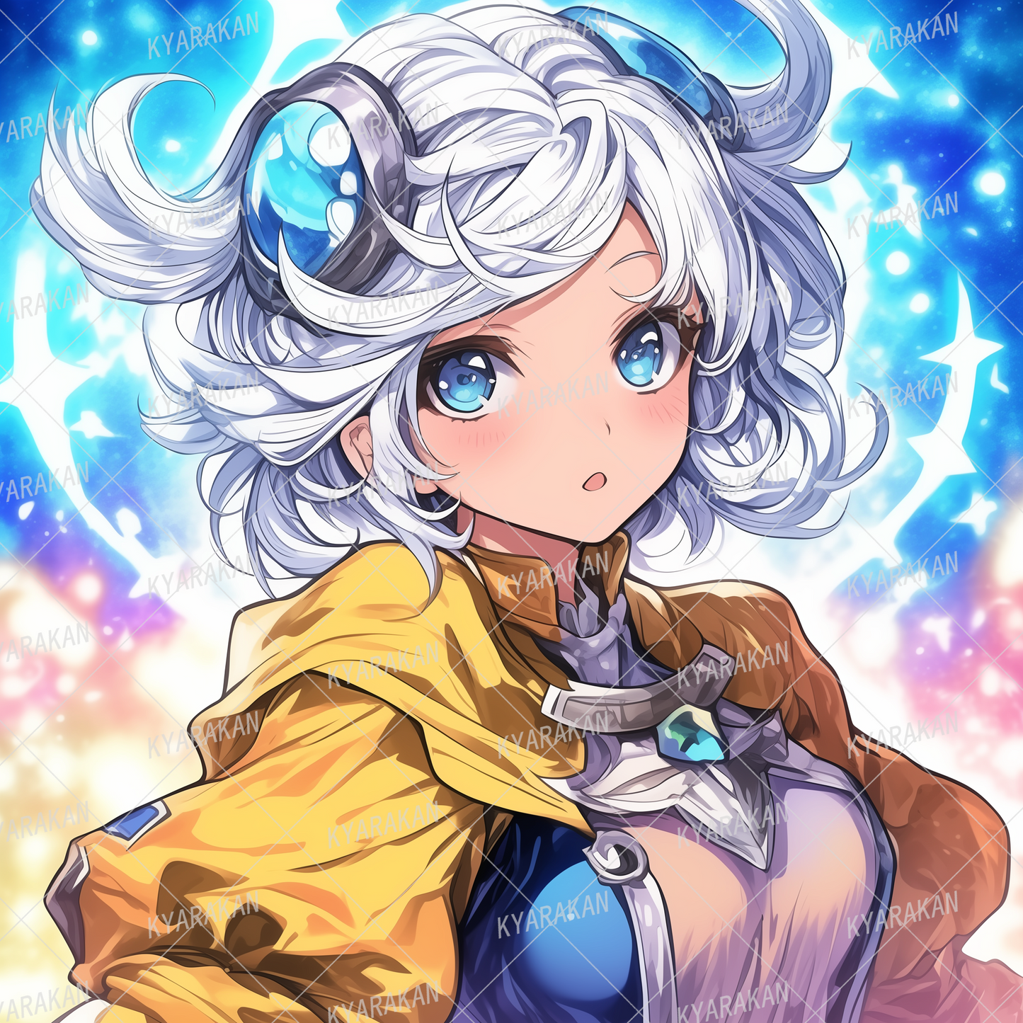 AA-1462: A SF girl with sparkling white hair and blue eyes, with a jewel on her chest.