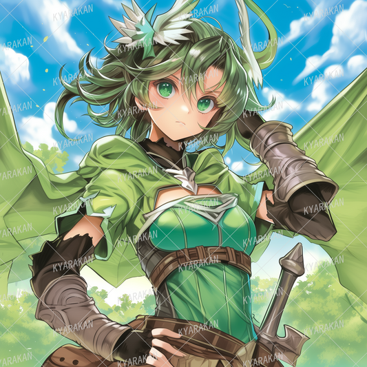 AA-1463: A green-haired female swordsman with feather decorations in a green cape spreading out in the forest